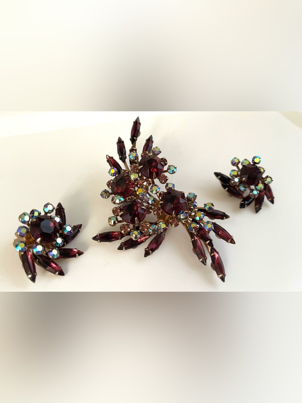 Vintage Garnet and Aurora Borealis Crystal Brooch and Earrings Set